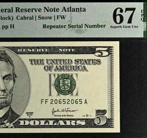 �g�b�v�|�b�v�ō��O���[�h2003A $5 FRN PMG 67EPQ���s�[�^�[�V���A���ԍ�20652065