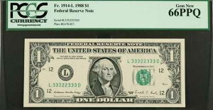 1�h�� FRN 1988 �X�[�p�[���[�_�[ 33322333 �A�M������s�� PCGS 66PPQ