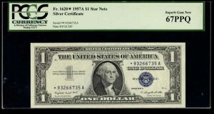 MALACK 1.00�h�� 1957A Fr 1620 PCGS 67 PPQ �X�^�[�m�[�g�BGEM! pm0009