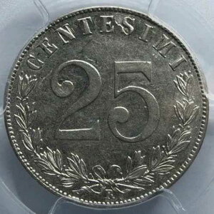 �C�^���A 25 Centesimi 1902 R Rome PCGS AU 58 �� UNC �j�b�P�� �C�[�O���N���E�� �O���[�f�B���O�ς�