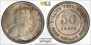 1907-H Straits Settlements 50 �Z���g PCGS AU55 ���b�g#G922 �V���o�[!
