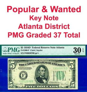 1934D 5�h���A�M������s�� PMG 30EPQ �� PMG �O���[�h 37 �A�g�����^ Fr 1960-F