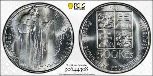 �`�F�R�X���o�L�A 1992 500 �R�����E�R�����X�L�[ PCGS Ms69 �g�b�v�|�b�v