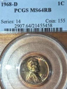 �� PCGS ���b�h�y�j�[ 1960D MS65RD + 1968D 1C RB �V���[�Y 14 �R�C�� �ԍ� #155