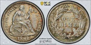 1888�N ���R�̏��_�� 10�Z���g�d�� PCGS MS 62 �N�₩�ȋ�F�̋P���A�t���X�g���C�N�A������