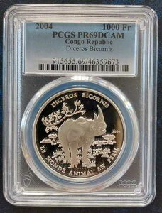 �R���S �V���o�[ 1000�t���� �v���[�t�R�C�� 2004�N DICEROS RHINO PCGS PR69 �g�b�v