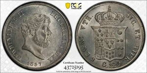 1857�N �C�^���A �i�|�����V�`���A 120 Gr Grani Ferdinand II PCGS MS63�A������ǍD�Ȃ��̂͂����킸��