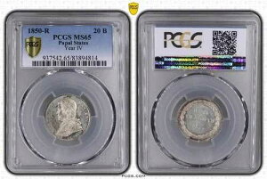 P1937 Finest Papal States 20 Baiocchi Pius IX Pont 1850 R Rome PCGS MS65 Silver-