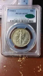 1918�N S �E�H�[�L���O�E���o�e�B �V���o�[ �n�[�t�h�� 50�Z���g PCGS CAC AU55 5357