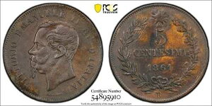 1861-B �C�^���A 5 Centesimi�A���B�b�g�[���I�E�G�}�k�G�[��2�� - PCGS AU �ڍׁA�󏭕i
