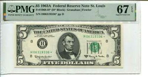 FR 1968-H* STAR 1963A $5 FED RES NOTE PMG 67 EPQ SUPERB GEM UNC **�ō��i��**
