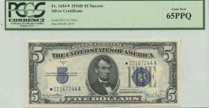 1934�N�� $5 �V���o�[ �Ӓ菑 FR#1654* PCGS 65 Gem New PPQ Star Narrow
