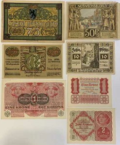 �I�[�X�g���A Notgeld Emergency Vintage 7 Note Collection SOME UNC!!!