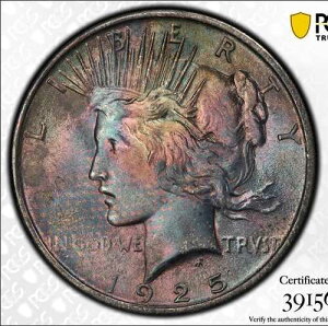 1925�N �s�[�X 1�h�� PCGS MS63 ���Ɋ󏭂ȃe�L�X�^�C���J���[�R�C���I mikesartifacts