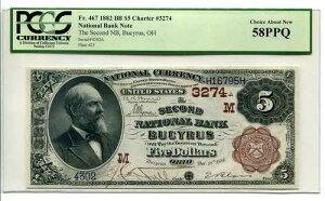1882�N BB $5 �`���[�^�[ #3274 THE SECOND NB BUCYRUS, OHIO PCGS 58PPQ ���ɗǍD�ȏ��