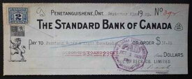1929 年カナダ標準銀行ペネタン水 & ライト 2 ¢ スタンプ付き小切手-