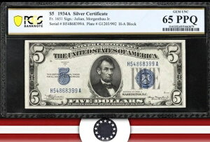1934-A 5�h���⌔ PCGS 65 PPQ Fr 1651 5�h������ 68399