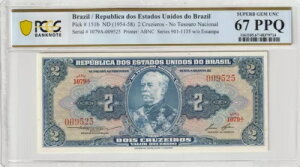 �u���W�� 1954�N 2�N���W�G���X PCGS�F�莆�� UNC 67 PPQ 151b ��V���A���ԍ�