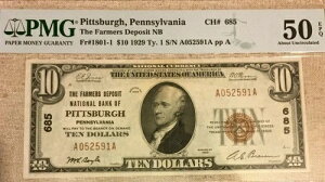 1929 $10 PMG50 EPQ UNC�ɂ��āA�t�@�[�}�[�Y�f�|�W�b�gNB�s�b�c�o�[�OPA�ATY1�A3681