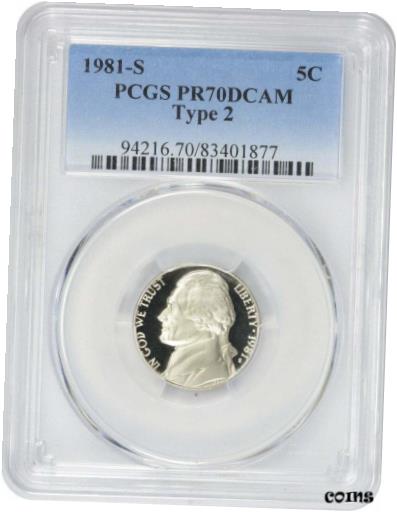 アンティークコイン コイン 金貨 銀貨 [送料無料] 1981-S Jefferson Nickel Type 2 PR70DCAM PCGSのサムネイル