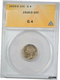 【極美品/品質保証書付】 アンティークコイン コイン 金貨 銀貨 [送料無料] 1916 D 10C Mercury Dime ANACS G 4 Good Denver Mint Key Date