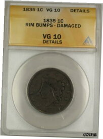 【極美品/品質保証書付】 アンティークコイン コイン 金貨 銀貨 [送料無料] 1835 Coronet Head Large Cent 1C Coin ANACS VG 10 Details Rim Bumps Damaged