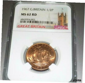 【極美品/品質保証書付】 アンティークコイン コイン 金貨 銀貨 [送料無料] 1967 GREAT BRITAIN NGC MS 62 RD BRITISH UK 1/2 Penny MS62 Certified Graded Coin