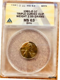 【極美品/品質保証書付】 アンティークコイン コイン 金貨 銀貨 [送料無料] 1981 D 1c Lincoln Mint Error Struck on triple curved clip ANACS MS63 BN