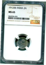 【極美品/品質保証書付】 アンティークコイン コイン 金貨 銀貨 [送料無料] NGC-MS65 1912(B) INDIA Silver 2 ANNA Coin - Free Shipping