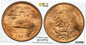 【極美品/品質保証書付】 アンティークコイン コイン 金貨 銀貨 [送料無料] 1963 Mo Mexico 20 Centavos PCGS MS66 RD Red Only 3 Finer Gold Shield *1219*