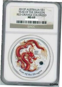 2012 I[XgA bh IW J[CYh Vo[ $1 hS RC NGC MS692012 Australia Red-Orange Colorized Silver $1 Dragon Coin NGC MS69