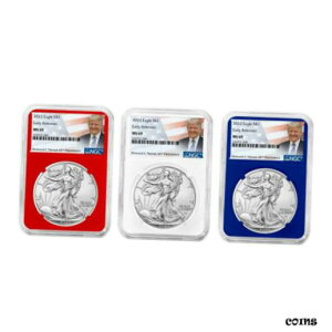 2022 $1 AJ Vo[ C[O 3 {Zbg NGC MS69 ER gv x bh zCg u[2022 $1 American Silver Eagle 3pc Set NGC MS69 ER Trump Label Red White Blue