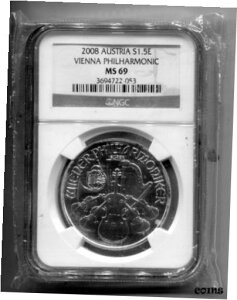 2008 1 IX I[XgA EB[ tBn[j[ MS-69 NGC Nxs2008 1 oz Silver Coin Austrian Vienna Philharmonic MS-69 NGC First Year of Issue