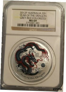 I[XgA / 2012P $1 uC[ Iu U hSv O[bh J[CY 1 IX Vo[ MS69 !AUSTRALIA / 2012P $1 "Year of the Dragon" Grey-Red Colorized 1 oz Silver MS69 !
