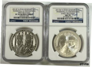 (2) 2013-P 5 X^[ WFl BU & v[t _ Vo[ _[ Zbg NGC MS70 & PF70(2) 2013-P 5 Star Generals BU & Proof Modern Silver Dollars Set NGC MS70 & PF70