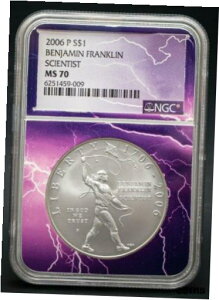 2006 P xW~ tNȊwҋLO $1 NGC MS70 *CgjO x*2006 P Benjamin Franklin Scientist Commemorative $1 NGC MS70 *LIGHTNING LABEL*