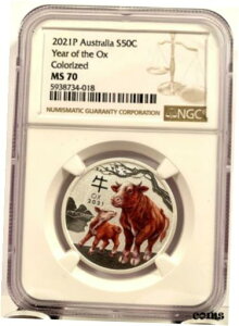 2021 I[XgAN J[ 1/2 IX .9999 Vo[ RC - NGC MS 702021 Australia Lunar Year of Ox Colorized 1/2 oz .9999 Silver Coin - NGC MS 70