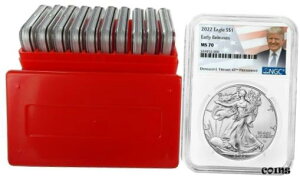 2022 1IX Vo[ C[O NGC MS70 ER gv x zCg RA 10 pbN P[Xt ݌ɂ2022 1oz Silver Eagle NGC MS70 ER Trump Label White Core 10 Pack w/Case IN STOCK