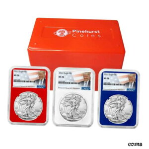 2022 $1 AJ Vo[ C[O 3 {Zbg NGC MS70 gv x bh zCg u[2022 $1 American Silver Eagle 3pc Set NGC MS70 Trump Label Red White Blue