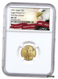 【極美品/品質保証書付】 アンティークコイン コイン 金貨 銀貨 [送料無料] 2021 1/10 oz Gold American Eagle Type 2 $5 NGC MS70 FDI Eagle Red Banner Label