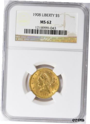 アンティークコイン 金貨 1908 LIBERTY HEAD $5 HALF EAGLE GOLD NGC MS62 [送料無料] #got-wr-010175-1071のサムネイル