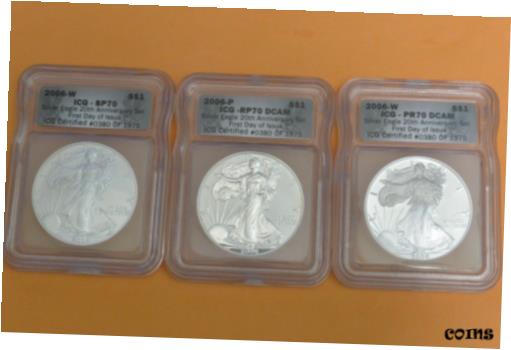 アンティークコイン コイン 金貨 銀貨 [送料無料] 2006 Silver Eagle 3 Coin Set ICG RP70/PR70/SP70 20th Anniversary FIRST DAY ISSUEのサムネイル