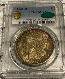 【極美品/品質保証書付】 アンティークコイン 1921-D Morgan Silver $1 PCGS MS66+ CAC, Gold Shield, rare, nice tones [送料無料] #cot-wr-010577-25