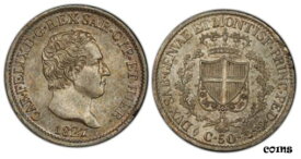 【極美品/品質保証書付】 アンティークコイン 硬貨 ITALIAN ST. Sardinia Carlo Felice 1827 AL//L(a) AR 50 Centesimi PCGS MS65 Torino [送料無料] #oot-wr-010647-3161