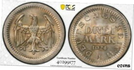 【極美品/品質保証書付】 アンティークコイン 硬貨 Germany/Weimar 1924-A 3 Mark, BROADSTRUCK ERROR, PCGS MS64 [送料無料] #oot-wr-010676-4118