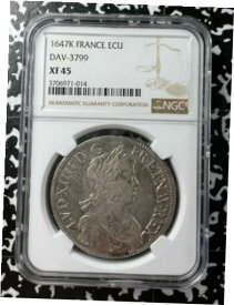 【極美品/品質保証書付】 アンティークコイン コイン 金貨 銀貨 [送料無料] 1647-K France 1 Ecu NGC XF45 Lot#G1825 Large Silver Coin! Scarce!