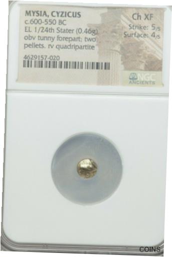 アンティークコイン コイン 金貨 銀貨 [送料無料] Mysia Cyzicus 600-550 BC 1/24 Stater Tunny NGC Choice XF 5/4 Ancient Gold Coinのサムネイル