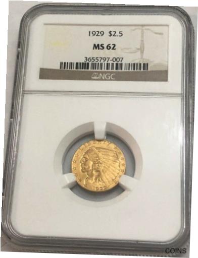 アンティークコイン コイン 金貨 銀貨 [送料無料] 1929 BU $2 1/2 GOLD Indian U.S. quarter-eagle. NGC MS62 #rdd007のサムネイル