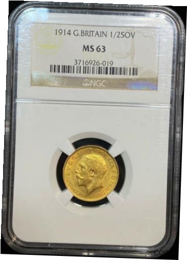 アンティークコイン コイン 金貨 銀貨 [送料無料] 1914 Great Britain 1/2 Sovereign Gold Coin NGC MS 63のサムネイル