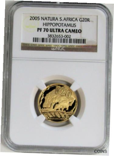 アンティークコイン コイン 金貨 銀貨 [送料無料] 2005 GOLD SOUTH AFRICA 20 RAND NATURA HIPPOPOTAMUS COIN NGC PROOF 70 ULTRA CAMEO